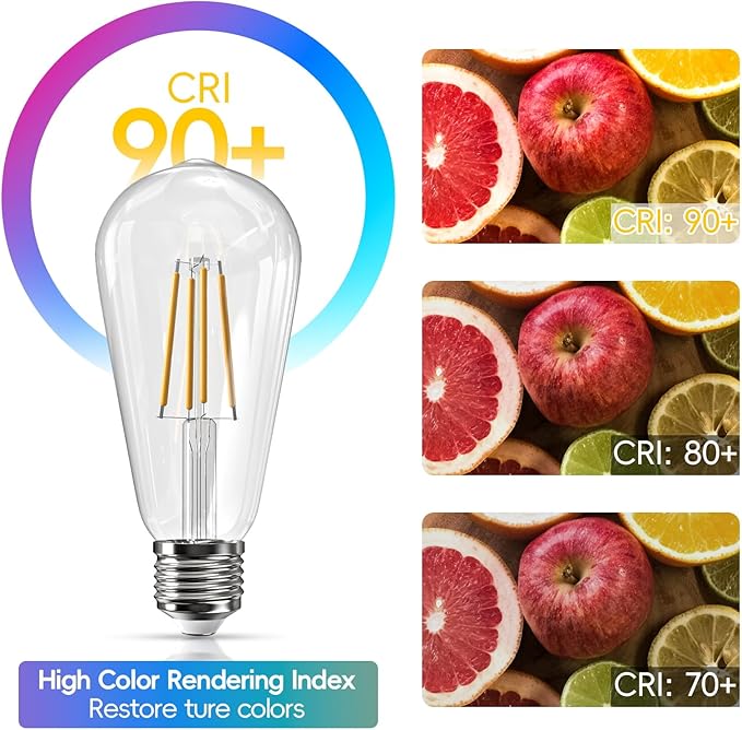 Jensense Edison LED Light Bulbs E26 Bulb 60 watt Equivalent Dimmable Light Bulbs 2700K Warm Soft White Vintage 7W Edison Bulbs 110V 120V 800 Lumen CRI90, 4 Pack