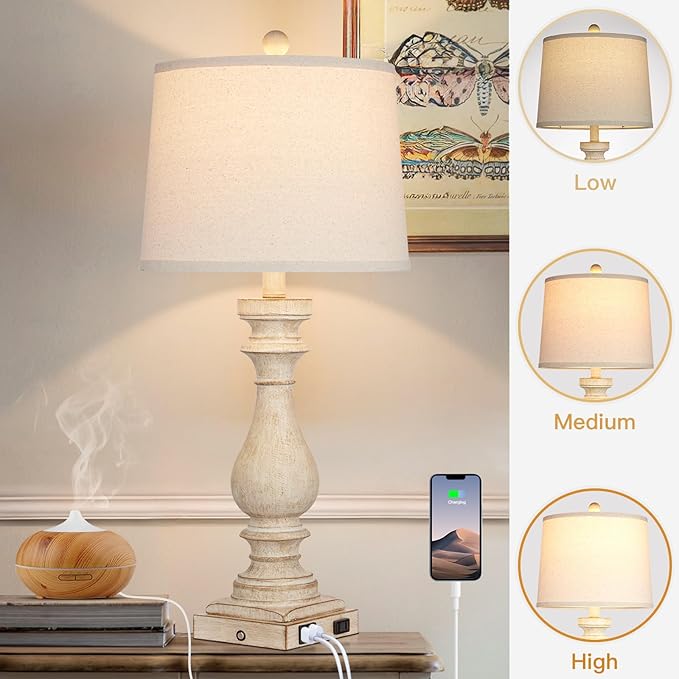 29" Tall Table Lamp for Living Room Set of 2,Vintage Bedside Nightstand Lamps with USB C+A Ports & AC Outlet,3-Way Dimmable Touch Control Desk Lamp for Bedroom,Color 1