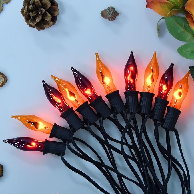 Orange and Purple Halloween Lights - Flickering Flame String Lights, 12.8Ft Indoor Outdoor Halloween Lights C7 Retro Flame String Lights, Ideal for Fall Halloweens Decorations for Home Party