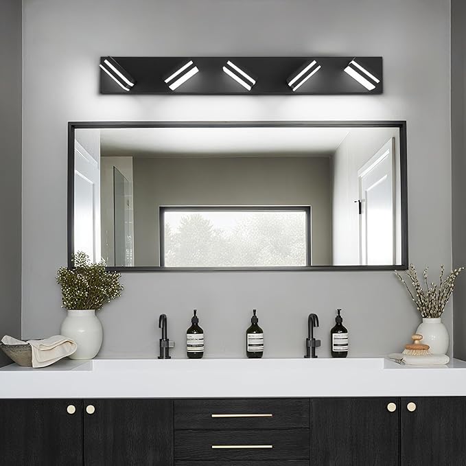 Modern LED Bathroom Lights Fixtures(5-Light),Metal Black Acrylic Wall Lighting,Vanity Lights for Bathroom Over Mirror(6000k 34In