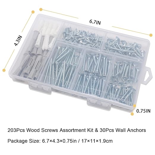 High Hardness Wood Screws Assortment Kit and Plastic Wall Anchors, 203 pcs 1/2" to 1-1/2" Phillips Drive Flat Head Screws & 30 pcs M6 Drywall Anchors