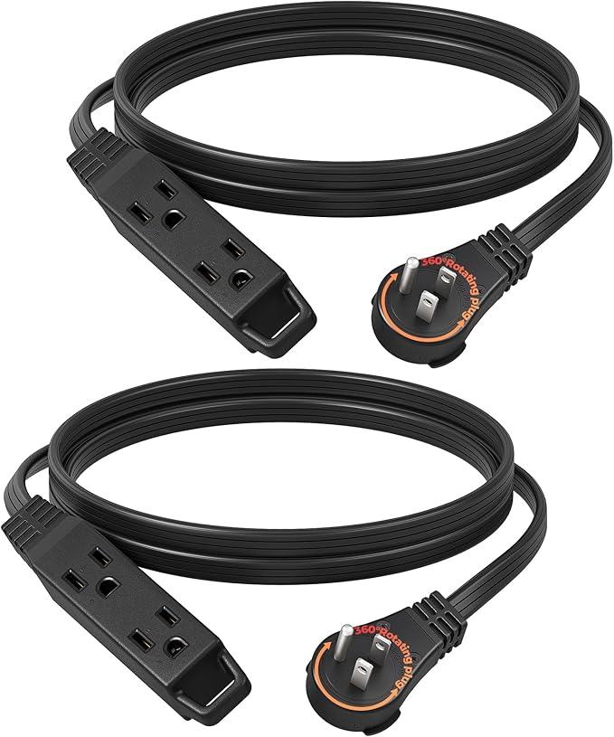 DEWENWILS 6FT 360° Rotating Flat Plug Extension Cord/Wire, 16AWG Multi 3 Outlet Extension Cord, 3 Prong Grounded Wire for Small Appliances, 2 Pack, Black