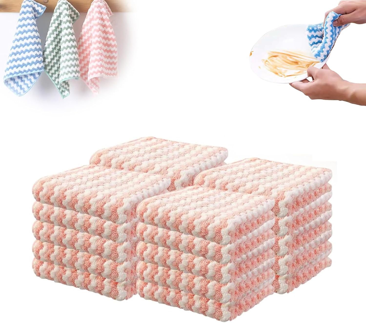 Coral Fleece Striped Rag Cleaning Dish Cloth, Reusable and Washable Microfiber Cleaning Rag, Absorbent Streak Free Lint Free Rags, Kitchen Clean Towels for Scrubs Dishes, Sinks Cleans (Pink, 20PCS)