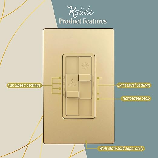 TOPGREENER Kalide Combo Dimmer Switch with 3-Speed Fan Control, Light and Fan Combination Switch, Single Pole, 2.5A, 200W LED/CFL, Neutral Wire Not Required, TGDSFS3-GD,Gold