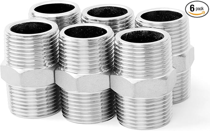 ChillWaves 304 Stainless Steel Pipe Fitting, Hex Nipple 3/4" NPT Male x 3/4" NPT Male Thread Adapter(6-PACK)