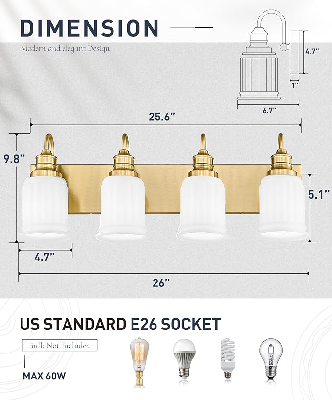 Bathroom Light Fixtures 4-Lights, HWH Brushed Gold Vanity Light Modern Bathroom Vanity Lights Over Mirror, 26'' Antique Brass Vanity Light with Frosted White Bell-Shaped Fluted Glass, 5HZG106B-4W BG