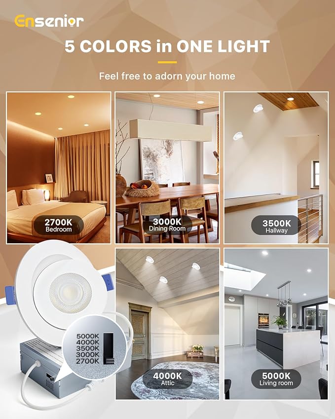 Ensenior 6 Pack 4 inch Gimbal Led Recessed Light with Junction Box, 90° Adjustable Directional Eyeball Lighting, Dimmable, 2700K/3000K/3500K/4000K/5000K, 900LM, 9W=100W-FCC Certified