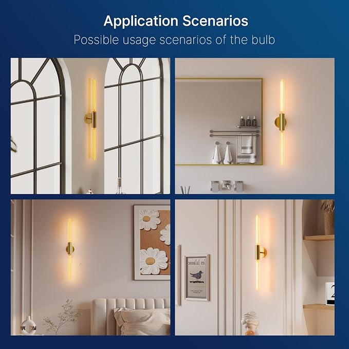 FLSNT 2 Light Modern Brushed Gold Wall Sconce with E26 Sockets, Includes 4W Dimmable Gold-Tinted T30 Bulbs, 2200K Warm Amber Glow, 90CRI, Steel Construction, Vintage Wall Light for Living Room