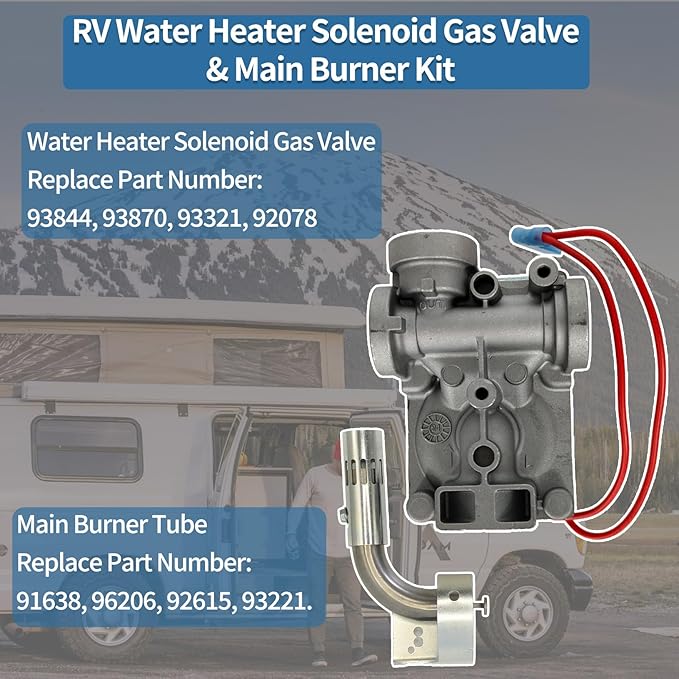 93844 RV Water Heater Solenoid Gas Valve & 91638 Main Burner Kit, Compatible with Atwood 6-Gallon Models G6A-8E, G6A-6E, GCH6-4E, GH6-6E, GCH6A-7E, GC6AA-10E, Replaces# 93844, 93870, 93321, 92078