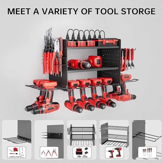 Power Tool Organizer Wall Mount, 3 Layer 8 Drill Holder Tool Shelf Storage Rack for Garage Organization, Birthday Gifts for Him Men Dad Husband Anniversary Fathers Day, Cool Gadget Stocking Stuffer