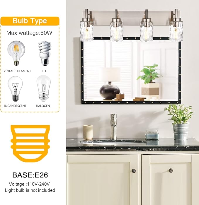 BONLICHT Bathroom Vanity Light Fixtures Brushed Nickel 4-Light with Clear Water Glass Shade Contemporary Wall Sconces Farmhouse Bathroom Lighting Wall Mount Lamp for Living Room Bedroom Bar Office