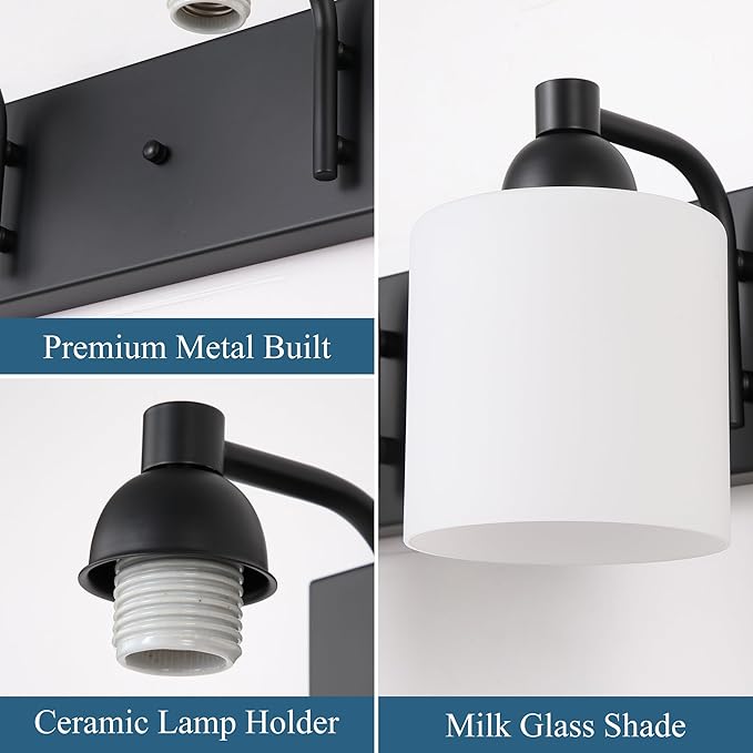 Milk Glass Vanity Lights for Bathroom, 3 Light Matte Black Bathroom Light Fixtures Over Mirror, Ceramic E26 Sockets Wall Mounted