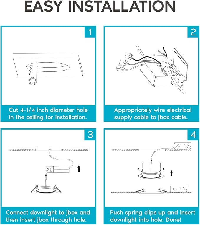 LUXRITE 4 Inch Ultra Thin LED Recessed Light with J-Box, 10W, 5 Color Options 2700K | 3000K | 3500K | 4000K | 5000K, Dimmable Wafer Lights, 750 Lumens, Copper Trim, Energy Star, IC Rated (4 Pack)