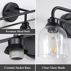 3 Light Matte Black Vanity Lights for Bathroom, Bathroom Light Fixtures Over Mirror with Clear Glass Shade, Ceramic E26 Sockets Wall Mounted