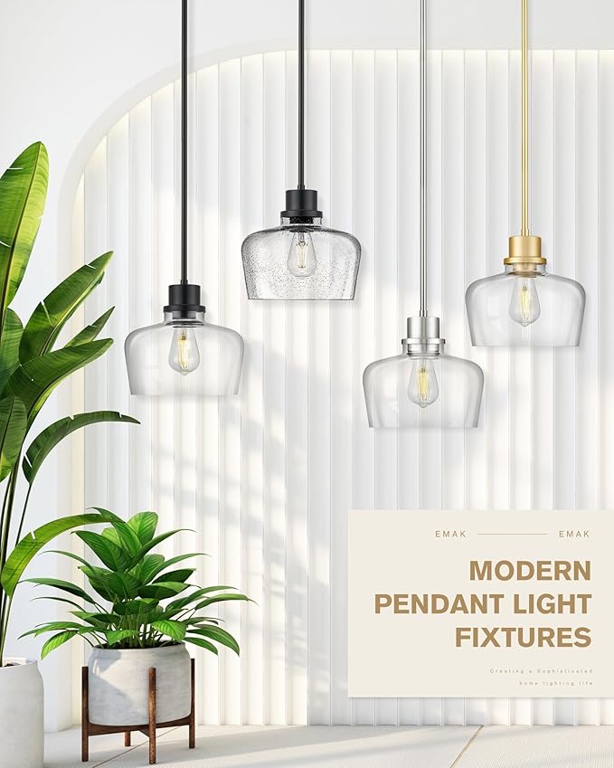 Emak Black Pendant Light Fixtures, Modern 10 Inch Clear Glass Pendant Lights Kitchen Island, Farmhouse Large Kitchen Island Lighting, PL126-BK-CG