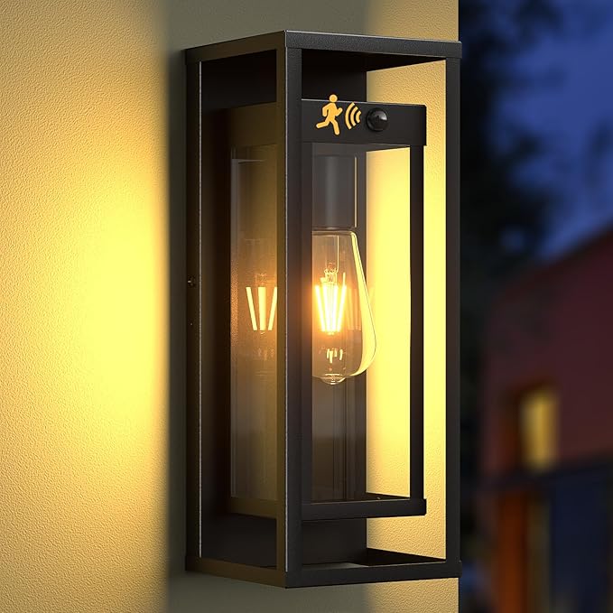 15in Motion Sensor Outdoor Wall Sconce-Black Modern Exterior Lighting Fixture Waterproof Porch Lights Large Outside Lantern Wall Mounted for Coach Doorway Patio