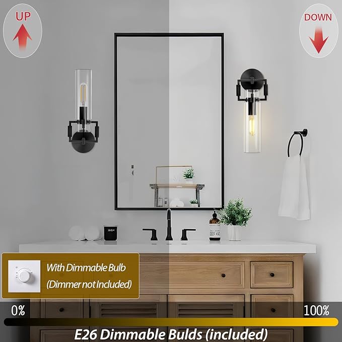 15'' Knurled Copper Wall Sconce,Modern Black Glass Bathroom Wall Sconces, 1-Lights Bathroom Vanity Lights for Living Room, Bedrooms, Fireplace, Staircases, Include Bulb