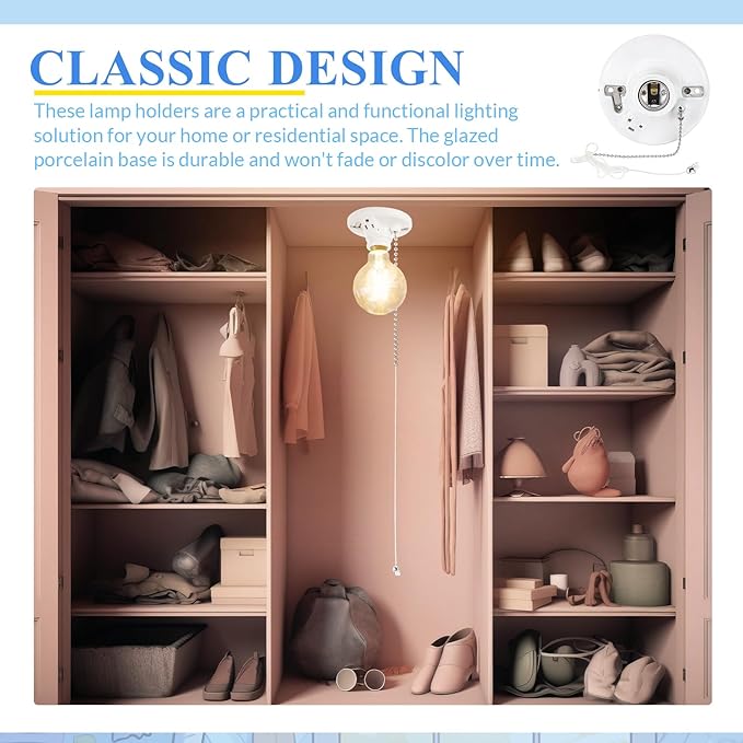 2 Pack Porcelain Light Socket with Outlet and Pull Chain Light Fixture, Bulb Socket with Grounded Outlet, E27/e26 Base, Porcelain Box Mount for Indoor Garage Closet Lighting