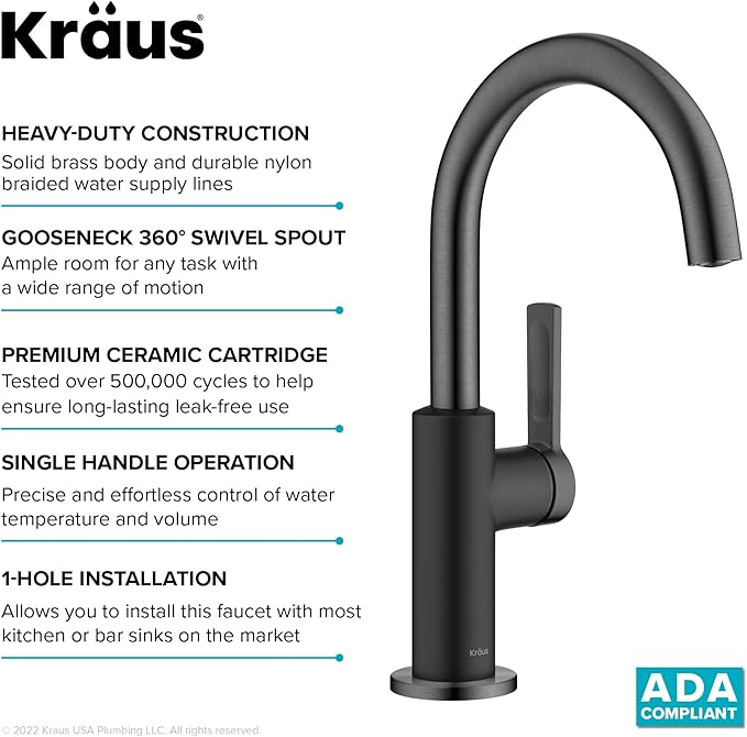 Kraus Oletto Single Handle Kitchen Bar Faucet in Matte Black/Spot Free Black Stainless Steel, Kitchen Sink Faucets, KPF-2822MBSFSB