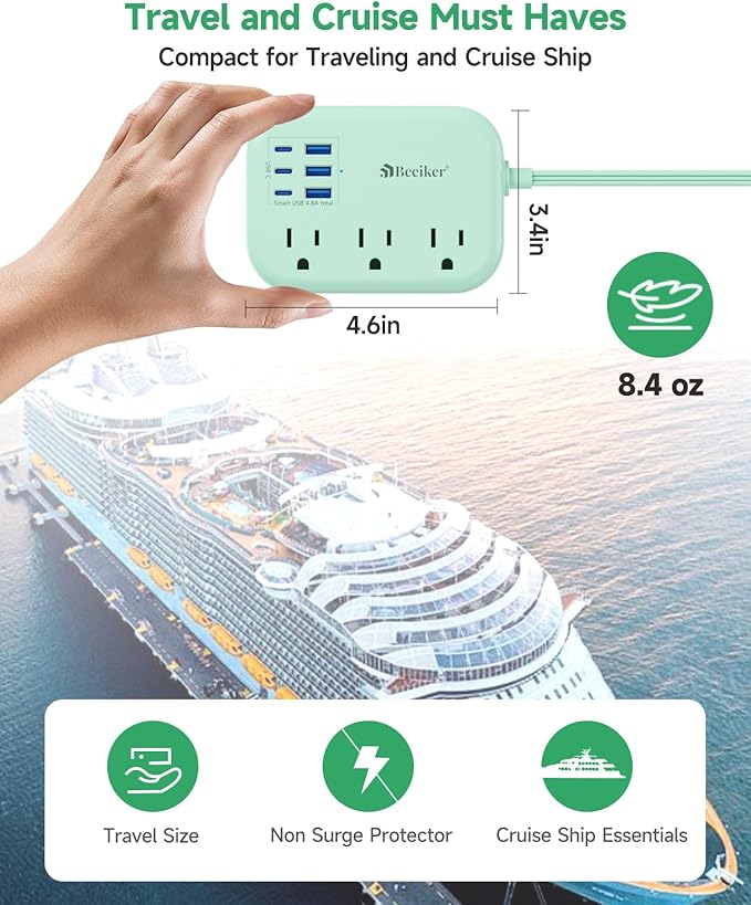 6 USB(3 USB C) Green Travel Power Strip- 5Ft Green Extension Cord with 6 USB Charging Station 24W and 3 Outlets, Cute Desk Accessories for Cruise Travel Kawaii Home Office Dorm Room