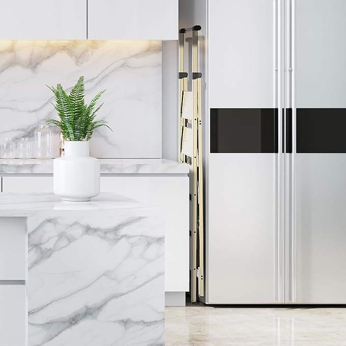 5 Step Ladder Adult Portable Folding Step Stool, Folding Aluminum Step Ladder with Double Padded Treads, Step Ladder with Handle for Home, Kitchen, Outdoor, 330 lb - Champagne Gold