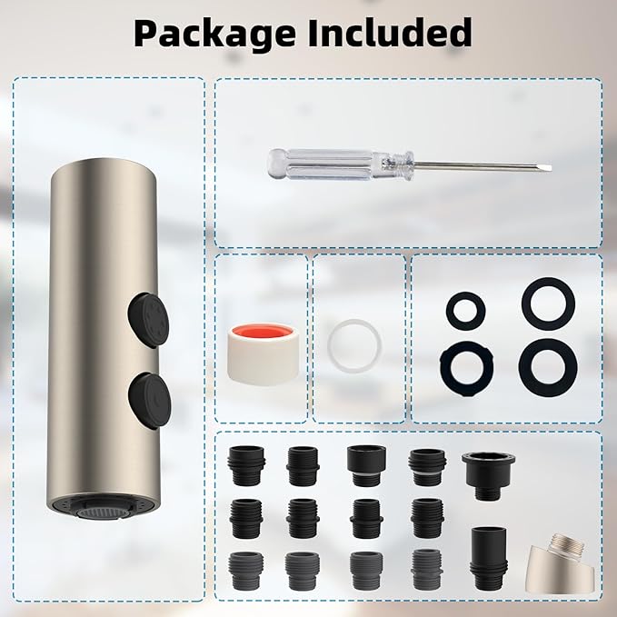 Hibbent Metal Pull Down Kitchen Faucet Head Replacement with 15 Adapters, Sink Spray Head, 2 Function Spray Nozzle Compatible with Moen, American Standard, Delta, Kohler Faucets, Brushed Nickel