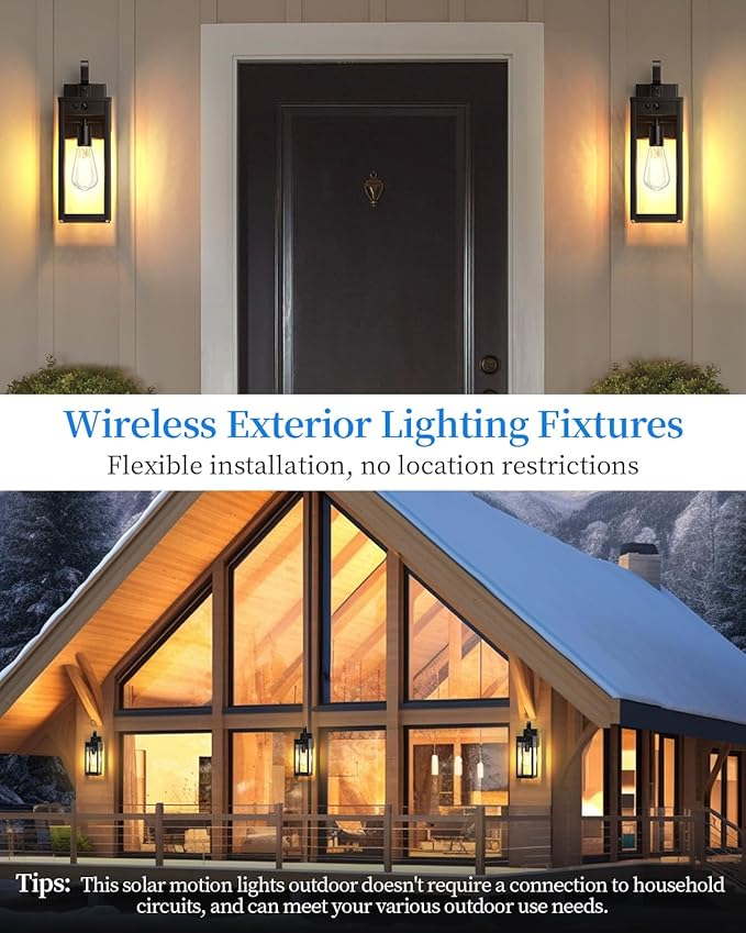17'' Solar Porch Lights Outdoor 2 Packs, Waterproof Motion Lights for Outside, Black Dusk to Dawn Outdoor Lighting Modern Wall Sconce Lantern, Exterior Lighting Fixtures for House Patio Garage