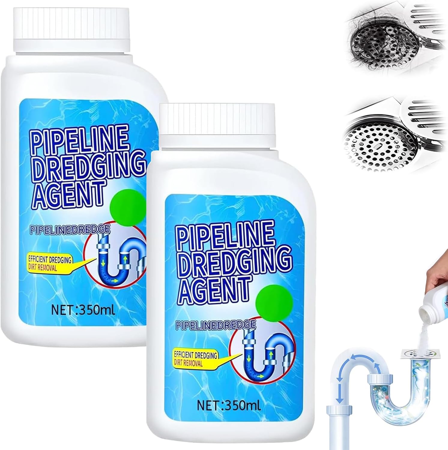 Pipeline Dredging Agent, 350ml Drain Clog Remover Agent, Quick Cleaning Drain Toilet Cleaner Tool, Powerful Sink and Dr-ain Cleaner Powder for Kitchen Toilet (2Pcs)