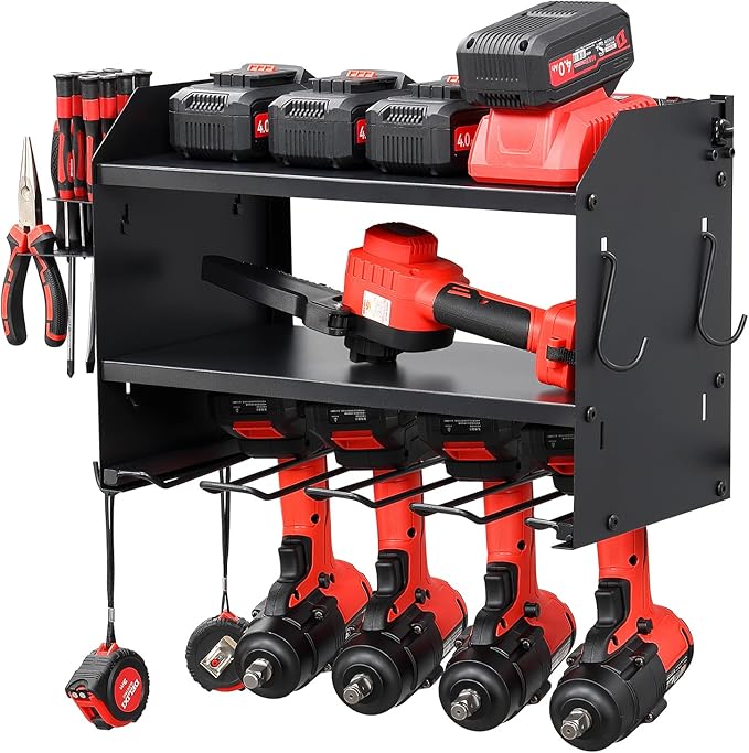 3 layers power tool organizer Loads 150lbs with 4 Cordless Drill Holder and 8 Outlet Power Strip,it’s good choice for husband birthday gift,black