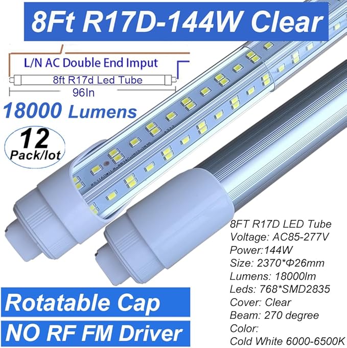 8Ft LED Ballast Bypass Bulbs 2 Pin,T8 LED Bulbs 8 Foot R17D Rotatable F96T12 HO LED Replacement Tube,144W T10 T12 8' Shop Lights,Double End Power 96", 18000LM Cold White 6500K,Clear Cover