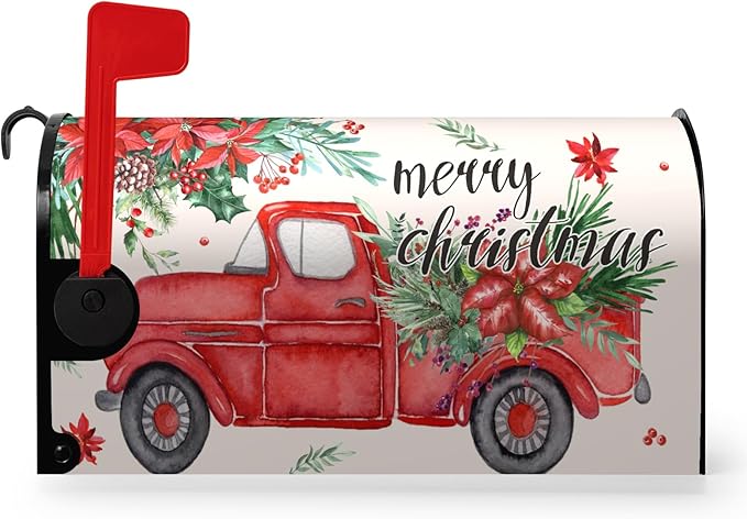 Christmas Red Truck Mailbox Covers Magnetic 21x18 Inches Standard Size Xmas Winter Mailbox Cover Wraps Post Letter Box Cover for Outside Garden Yard Outdoor Christmas Mailbox Decorations