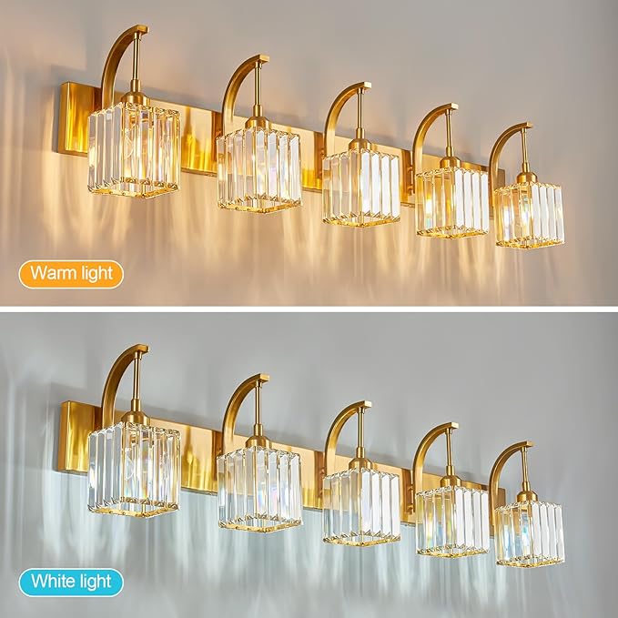 5-Light Crystal Vanity Light, Modern Gold Bathroom Wall Sconce with K9 Crystal Shades, 42.51" Long Over Mirror Lighting for Vanity, Makeup, Hallway, Elegant & Easy Installation
