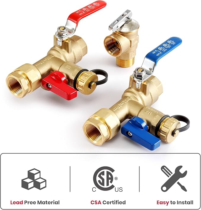 GASLAND 3/4 Inch Tankless Water Heater Service Valve Kit, with Pressure Relief Valve, Hot Cold Water Supply Isolator Valves in Clean Brass Construction