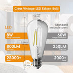 Jensense Edison LED Light Bulbs 8Watt Dimmable, 2700K Warm White, E26 Base, 60W Equivalent, Vintage Style, 800lm, CRI 90, Clear Glass, 24 Pack