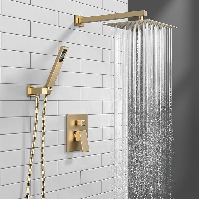 Lava Odoro Modern 3-Setting Square Shower and Tub Faucet Set with Shower Head and Handheld Sprayer Gold, Rainfall Shower System with Tub Spout, Shower Valve Trim Kit, Champagne Gold, SF103-SG-T