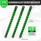 Magnetic Socket Organizer, 3-Piece Heavty Duty Aluminum Socket Holder, Socket Rail for Tool Box, Premium Quality 360° Swivel Socket Rack with 36 Clips for 1/2-Inch(Green)