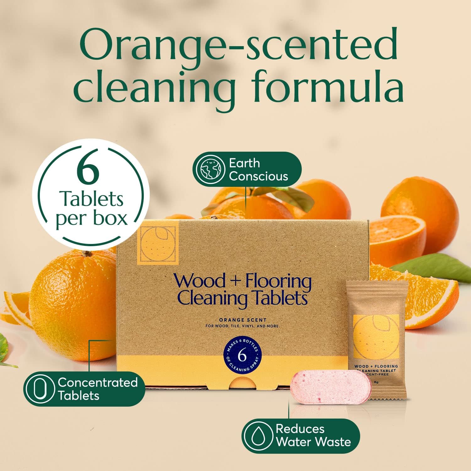 CLEANOMIC Wood and Flooring Cleaning Tablets (6 Pack) - All-Purpose Multi-Surface Household Cleaner Tablets (Orange Scent)