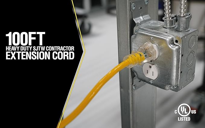 Southwire Yellow Jacket Heavy Duty Extension Cord - Reliable Outdoor Power for Tools & Equipment - Lighted End with Weather Resistant SJTW Jacket - 100 Foot (Pack of 2)