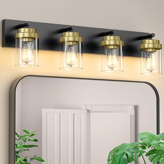 IZORRO Bathroom Vanity Light Fixture, 4-Light 27.5 Inch Black and Gold Bathroom Light Fixtures Over Mirror, with Clear Glass Shade, Modern Farmhouse Vanity Lights, Rustic Restroom Lighting Fixtures
