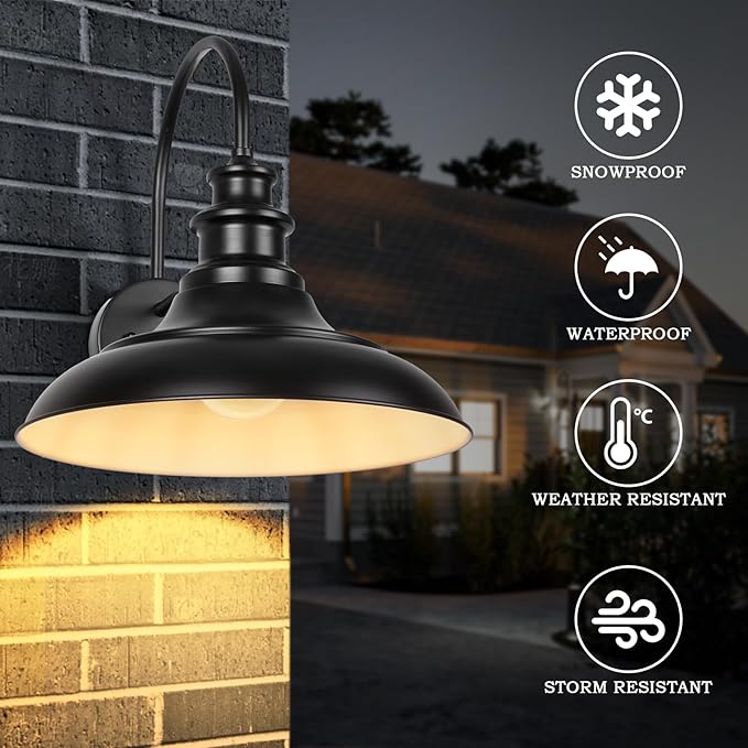 Dusk to Dawn Sensor Outdoor Barn Light Fixture, 12.3 Inch Dome Farmhouse Outdoor Wall Sconce, Gooseneck Exterior Wall Mount Light, Industrial Black White Finish Wall Lantern for Porch, DDRZ004 BK+WH