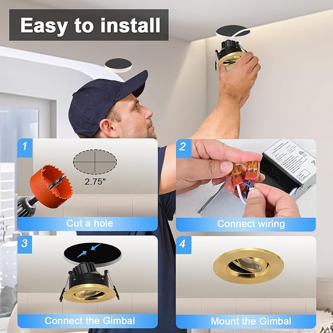 Premium 3-inch LED Recessed Lights - 5 CCT 3 Inch Eyeball Ceilling Gimbal Potlight, Dimmable Recessed Lights Fixture with Junction Box, 8W CCT Adjustable, Shiny Gold, 6P