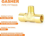 GASHER 5PCS Brass 3 Way Pipe Fitting Male Branch Tee T Adapter 1/4" NPT Female x 1/4" NPT Male x 1/4" NPT Female