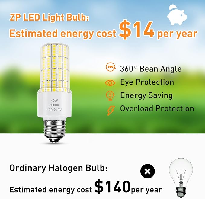 ZP A19 Led Light Bulb 300W Equivalent 40W Bulbs 5000 Lumen 5000K Cool Daylight White E26/E27 Base Waterproof Lighting for Outdoor Indoor Garage Warehouse Corn Green, 2 Count (Pack of 1)
