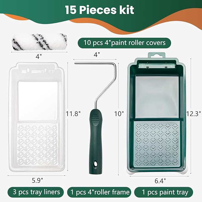 Paint Roller Kit, 15 Pcs 4 Inch Small Roller, Paint Tray, Paint Tray Liners and Paint Roller Frame, Home Improvement Paint Supplies, Mini Paint Rollers for Painting Walls