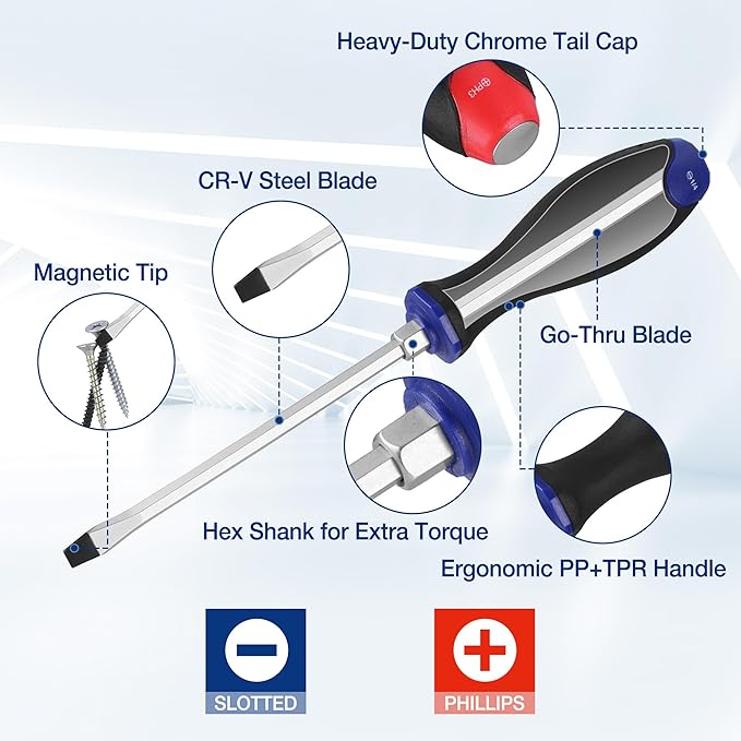 WORKPRO Magnetic Screwdriver Set 12-Piece, Go-Thru Screw Driver Set Kit with Wall Mount Rack, Includes Slotted & Phillips Screwdrivers, Magnetic Screwdriver with Magnetizer Demagnetizer Tools