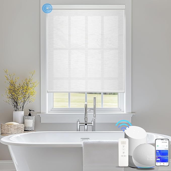 Motorized Blinds with Remote Cordless Automatic Motorized Shades Custom Blinds for Windows Smart Curtains Compatible with Alexa Google Home(Light Filtering Cloud White,W52 x H72in)