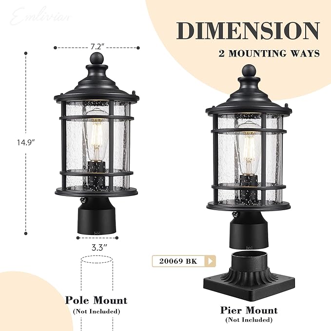 Emliviar 14.9 Inch Dusk to Dawn Outdoor Lamp Post Light, Black Pole Light Fixture with Photocell Sensor, Outdoor Post Lantern with Seeded Glass Shade, XE229P PC BK