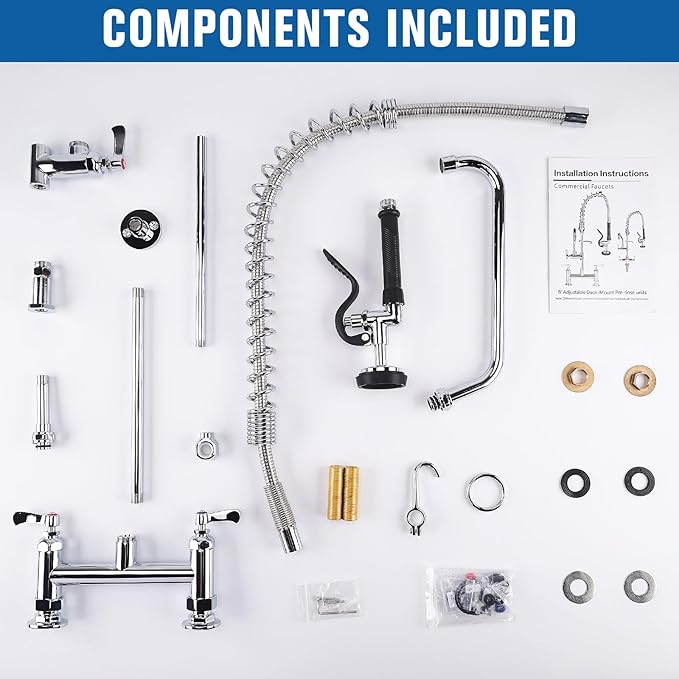 36" Height Commercial Sink Faucet Deck Mount with Pre-Rinse Sprayer, Commercial Kitchen Faucet with 10" Add-on Swing Spout Faucet & Spring Pull Down Sprayer, 8" Adjustable Center Kitchen Faucet