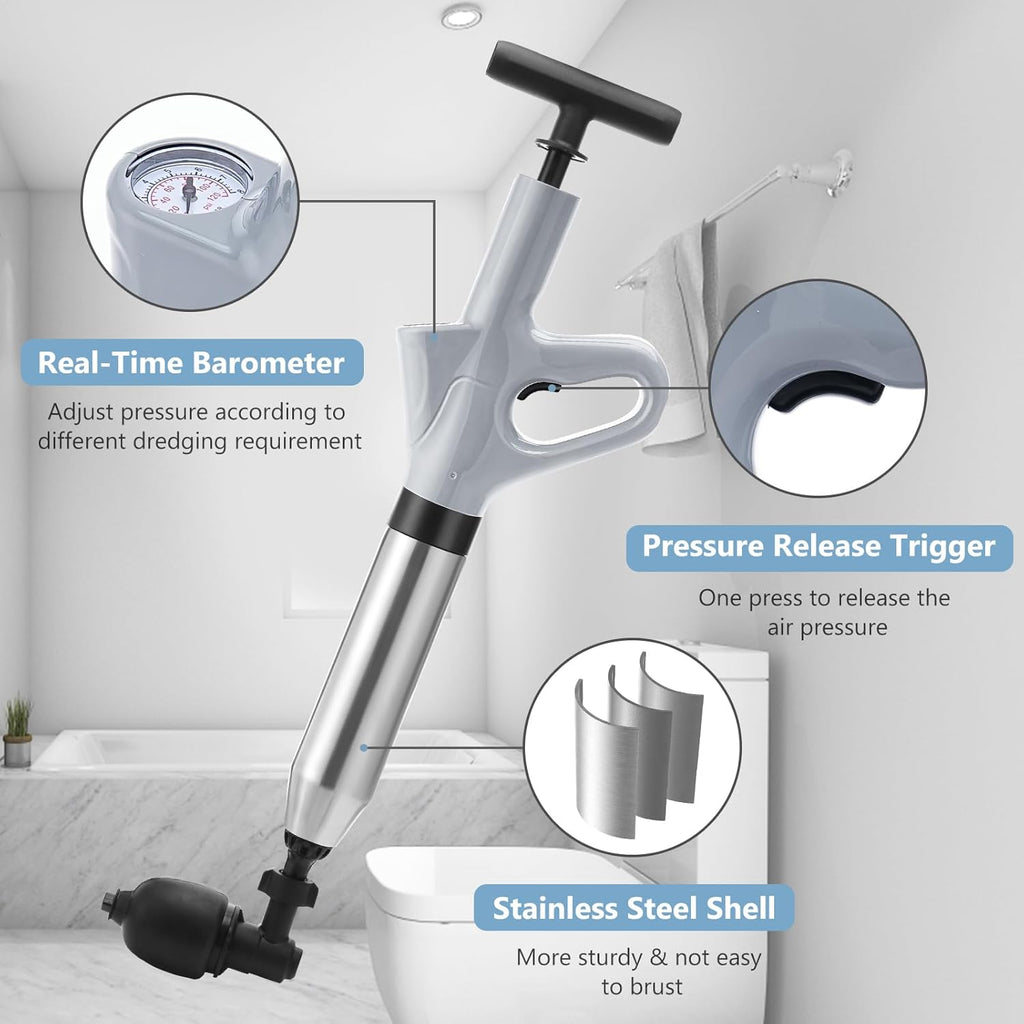 Air Plunger for Drain, High Pressure Air Drain Blaster with Visual Barometer Stainless Steel Toilet Clog Remover Toilet Unclogger Plungers for Bathroom, Toilets, Sink, Kitchen (Gray)