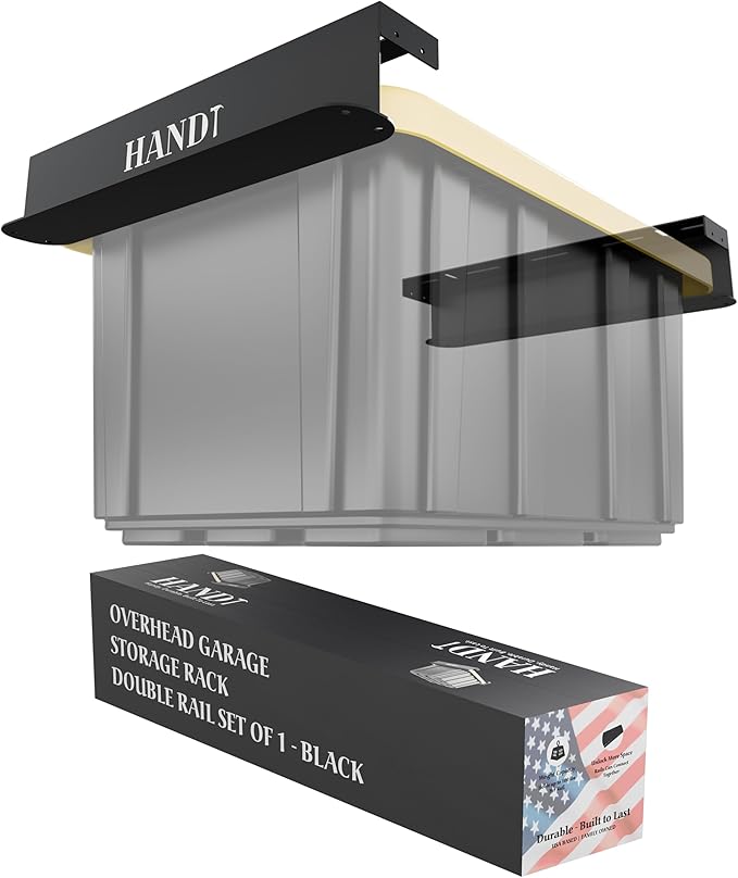 USA Based Overhead Garage Storage Rack, Connectable Heavy Duty Metal Ceiling Rails Garage Storage Organization Shelving System, Hanging Racks Tote Containers, Supports Up To 1 Bin, 1 Set Black